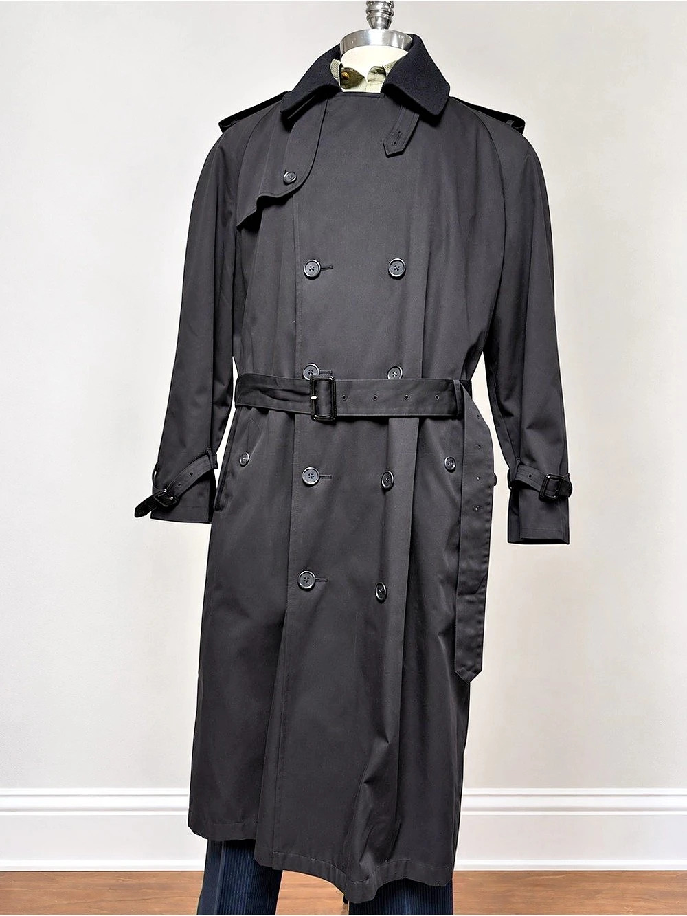Stafford Men’s Black Trench Coat 46 Long Double Breasted Belted Classic